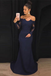 Navy Long Sleeves Off-the-Shoulder Evening Dress with Lace Appliques